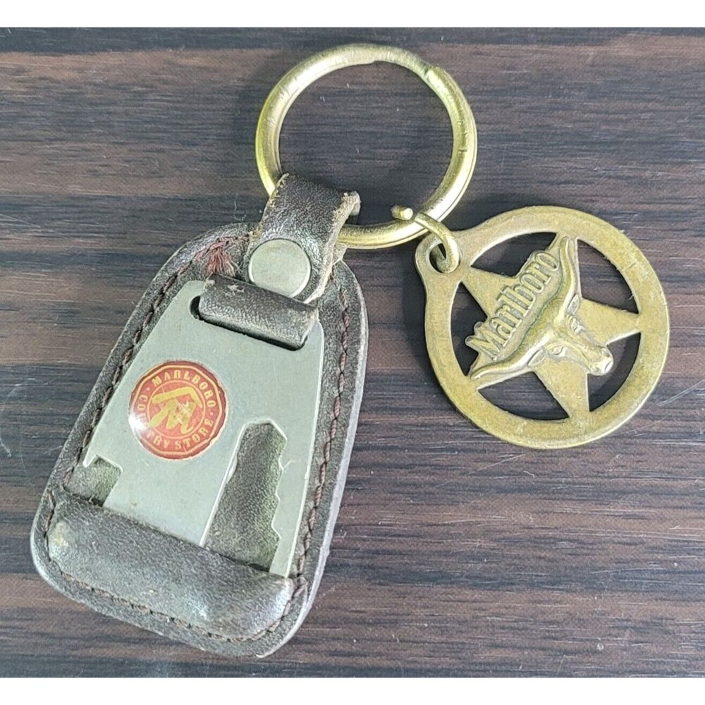 Marlboro Keychain ring Multitool Leather Brass Bull